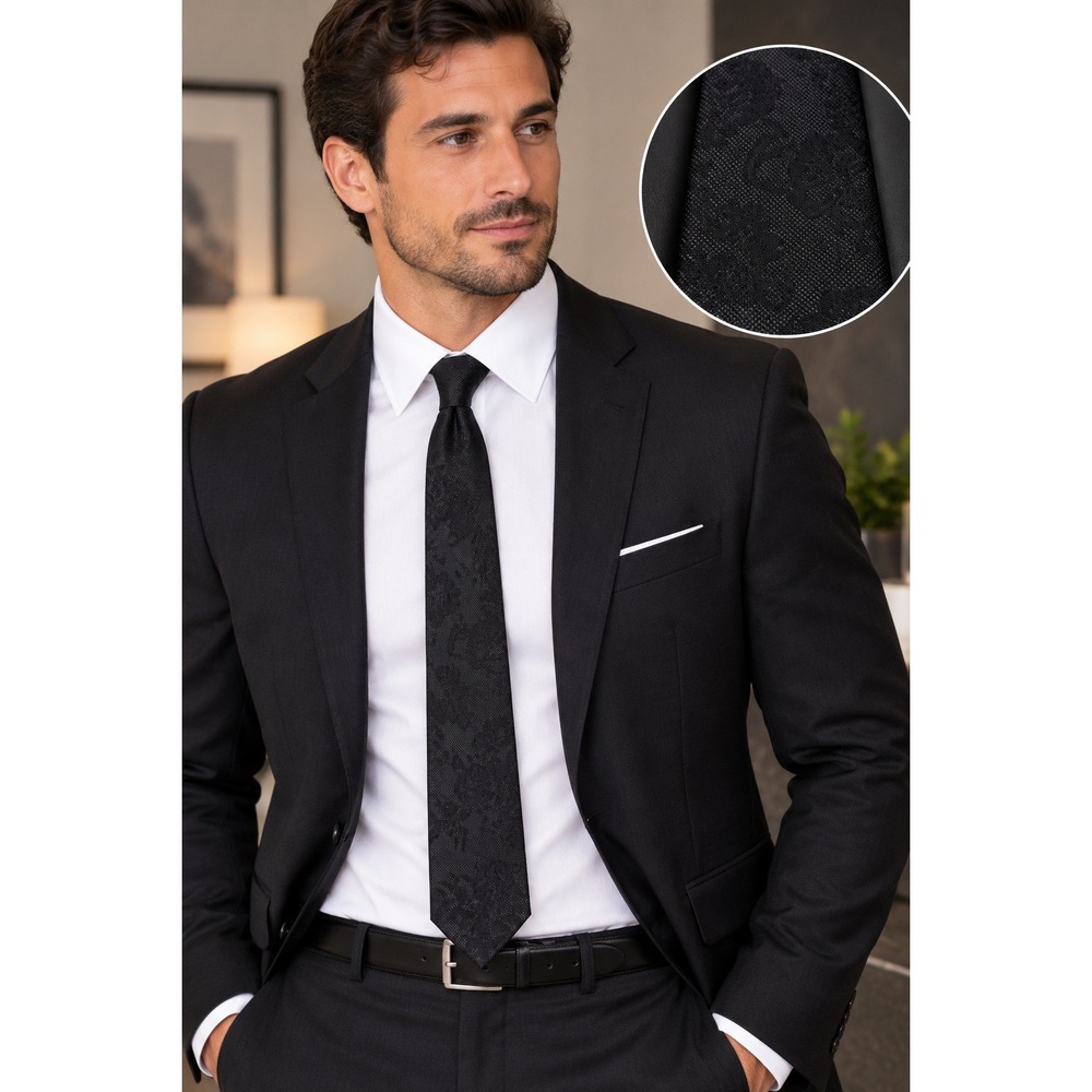 Express Mens Black Silk Floral Jacquard Slim Necktie 2.5 Inch Width Formal Tie